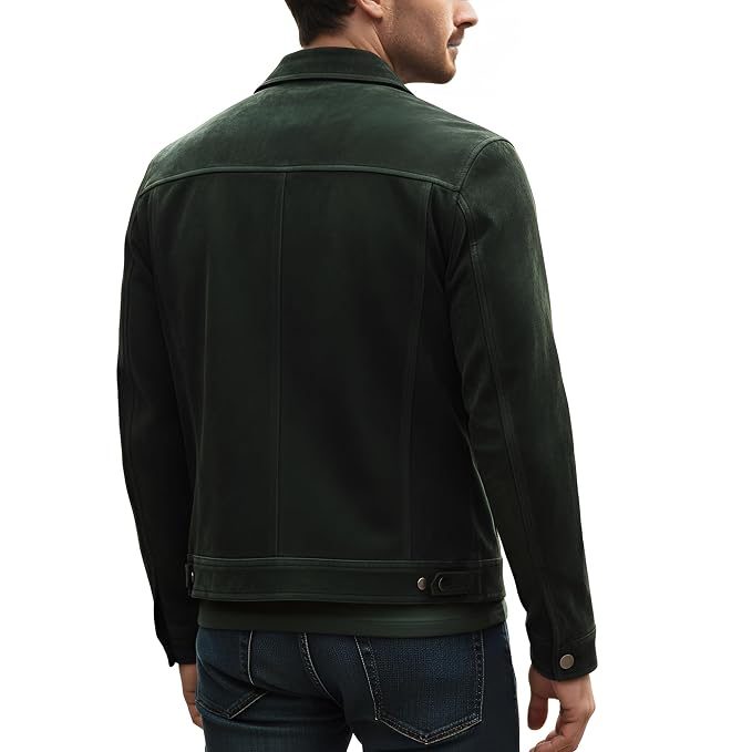 Back view of a man wearing the dark green Urban Pelt Luxe Heritage Suede Leather Jacket featuring dual chest flap pockets and a shirt collar.