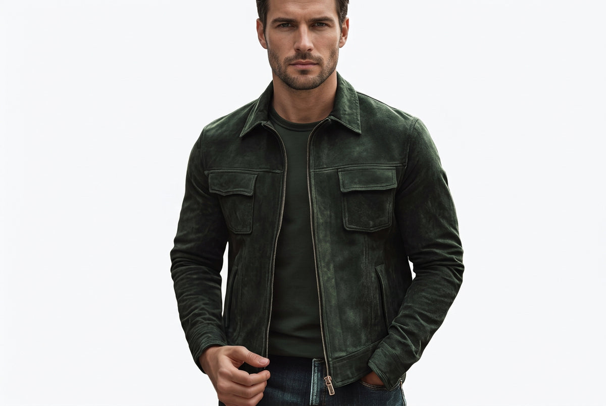 Front view of a man wearing the dark green Urban Pelt Luxe Heritage Suede Leather Jacket featuring dual chest flap pockets and a shirt collar.