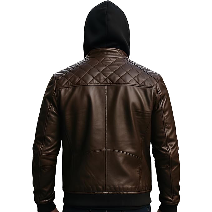 Back view of a man wearing the glossy brown Urban Rogue Nappa Lambskin Leather Bomber Jacket featuring an integrated hood and quilted shoulders.