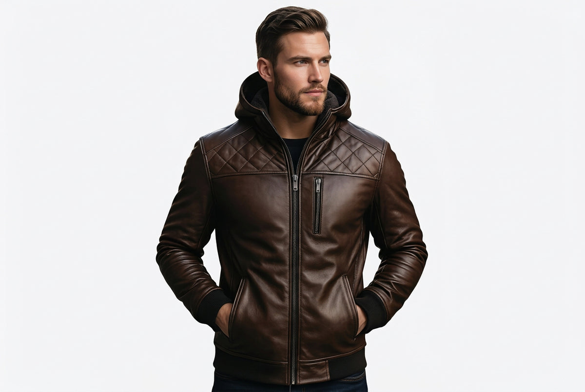 Front view of a man wearing the glossy brown Urban Rogue Nappa Lambskin Leather Bomber Jacket featuring an integrated hood and quilted shoulders.