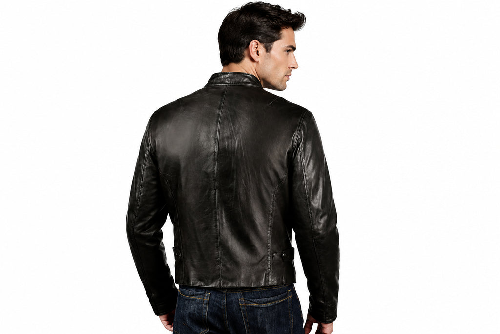 Back view of a man wearing the black Urban Tactical & Stealth Black Jacket featuring a stand collar and full-zip closure.