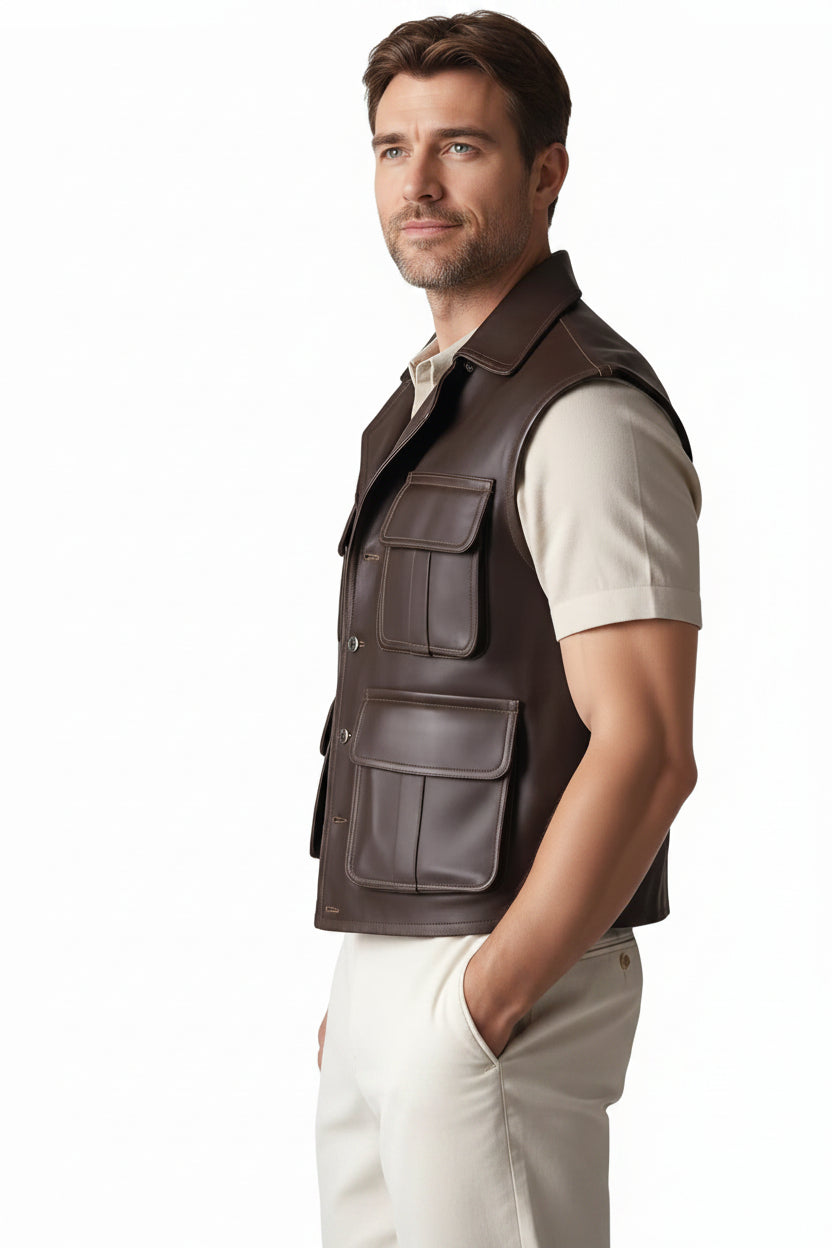 Urban Thread Vintage Real Leather Vest for Men side– premium vintage real leather vest by Urbanhides, featuring timeless styling for men in the UK, USA and Australia.