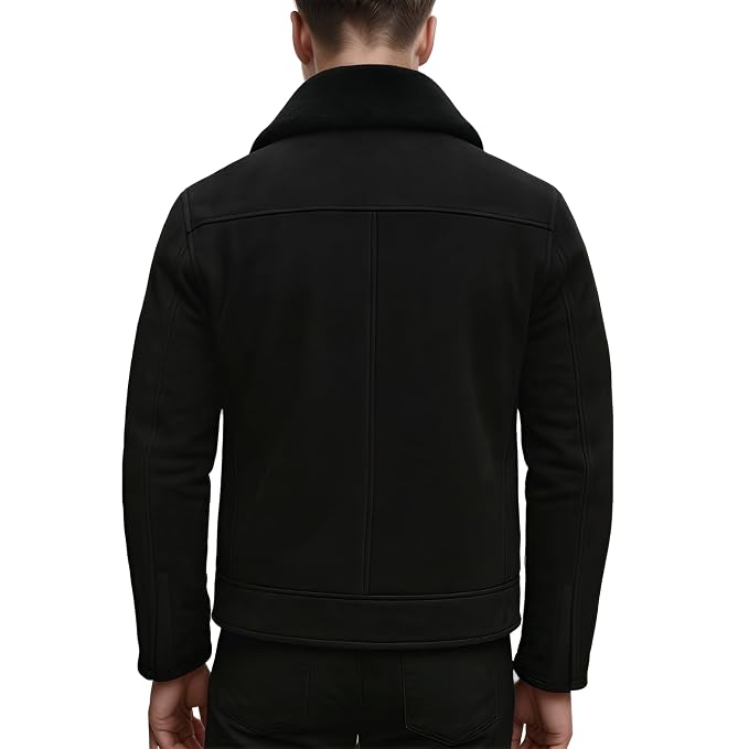 Back view of a man wearing the black Urban Throttle Black Suede Leather Jacket featuring a plush fur collar and zippered cuffs.