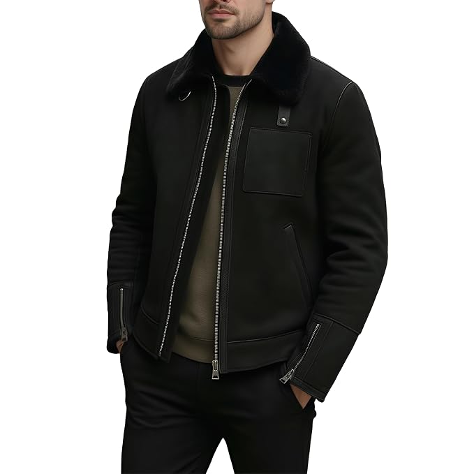 Side view of a man wearing the black Urban Throttle Black Suede Leather Jacket featuring a plush fur collar and zippered cuffs.