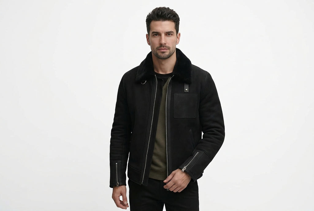 Front view of a man wearing the black Urban Throttle Black Suede Leather Jacket featuring a plush fur collar and zippered cuffs.