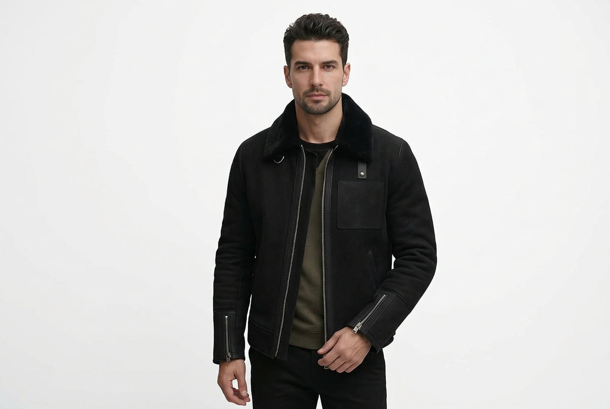 Front view of a man wearing the black Urban Throttle Black Suede Leather Jacket featuring a plush fur collar and zippered cuffs.