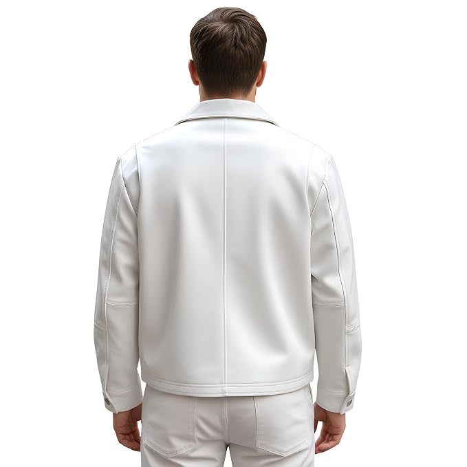 Back view of a man wearing the pure white Urban Trail Aristocrat Real Leather Fashion Jacket featuring oversized dual chest flap pockets and a shirt collar.