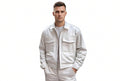 Front view of a man wearing the pure white Urban Trail Aristocrat Real Leather Fashion Jacket featuring oversized dual chest flap pockets and a shirt collar.
