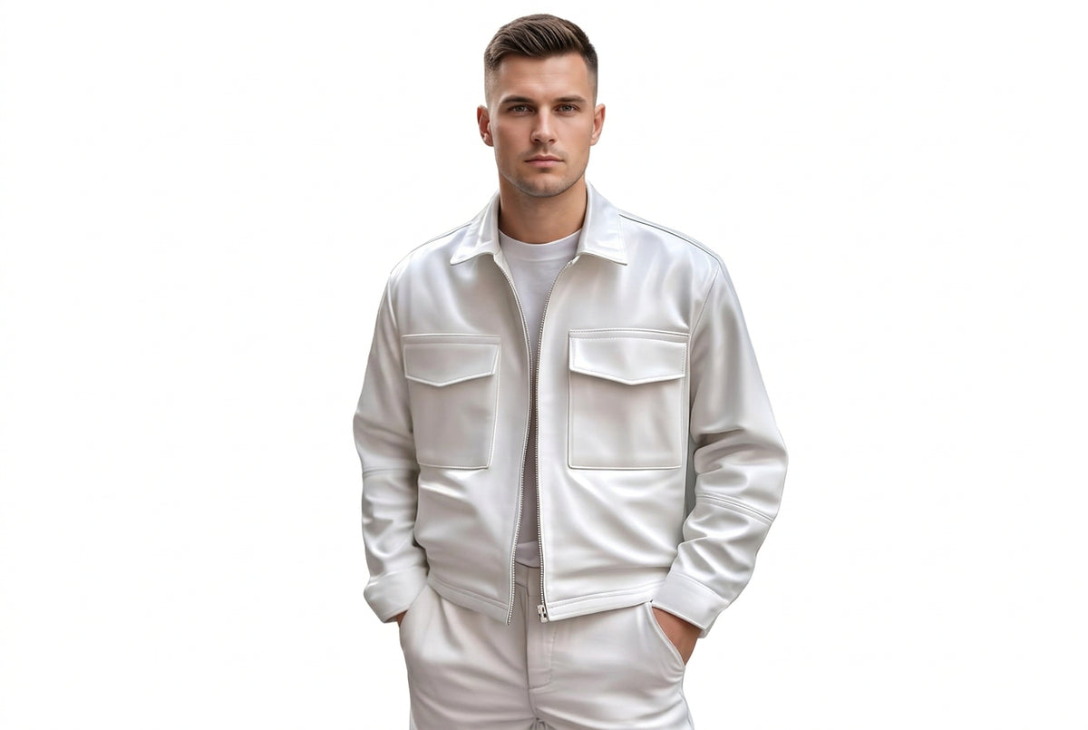 Front view of a man wearing the pure white Urban Trail Aristocrat Real Leather Fashion Jacket featuring oversized dual chest flap pockets and a shirt collar.