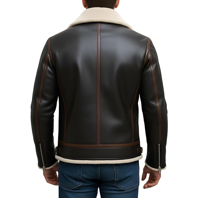 Back view of a man wearing the dark brown Urban Wolf Mens Tailored Fit Lambskin Leather Jacket featuring a cream shearling collar and asymmetrical zipper.