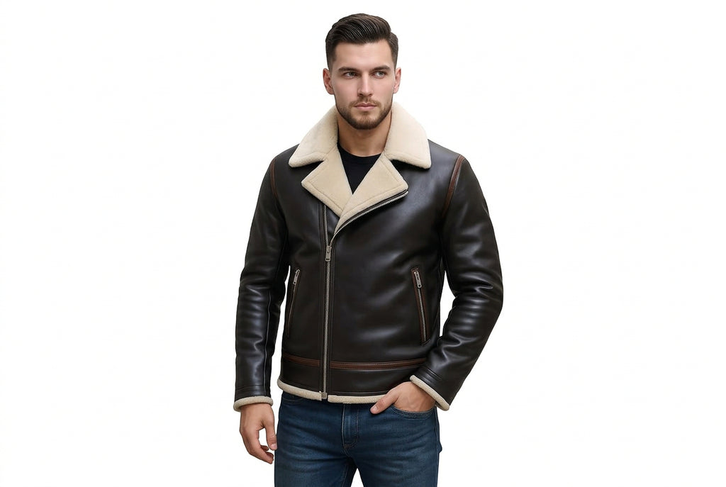 Front view of a man wearing the dark brown Urban Wolf Mens Tailored Fit Lambskin Leather Jacket featuring a cream shearling collar and asymmetrical zipper.