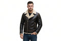 Front view of a man wearing the dark brown Urban Wolf Mens Tailored Fit Lambskin Leather Jacket featuring a cream shearling collar and asymmetrical zipper.