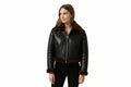 Urbanclad women's cropped matte black genuine soft lambskin real leather aviator jacket featuring plush dark brown shearling fur collar with leather throat buckle latch, front metal zip closure, side welt pockets, fur-trimmed cuffs and hem, long fitted sleeves, and custom made-to-measure fitting across the UK, USA, and Australia.