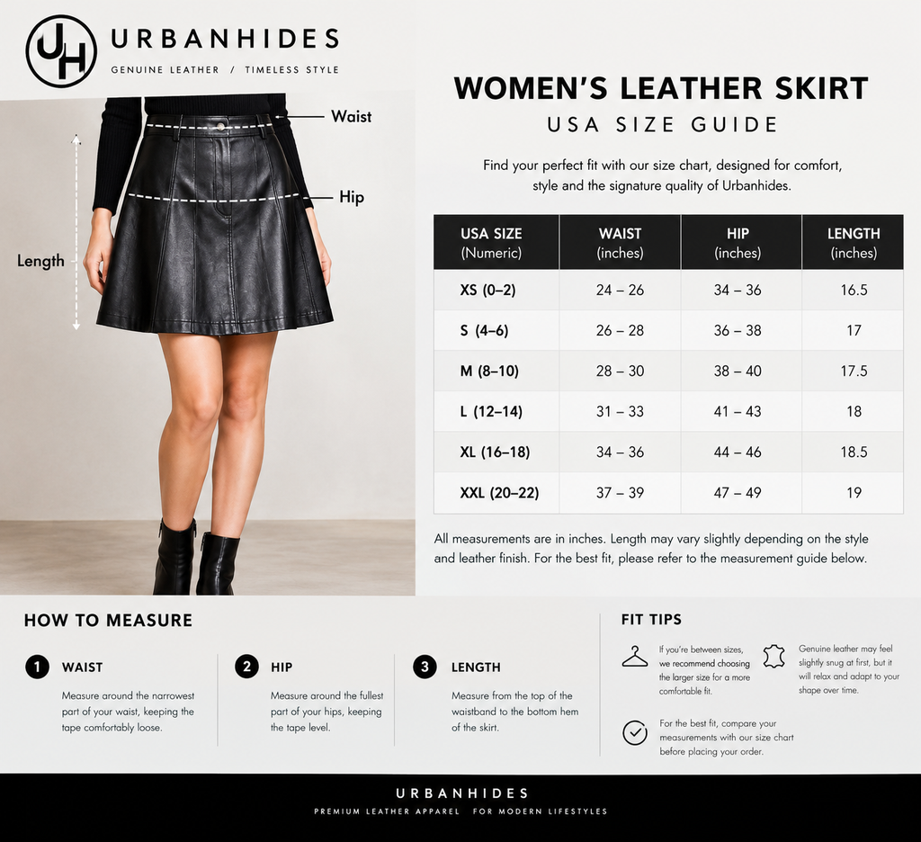 Urbanhides women's genuine leather skirt USA size chart featuring waist, hip and skirt length measurements in inches, with a detailed measuring guide and fit tips.