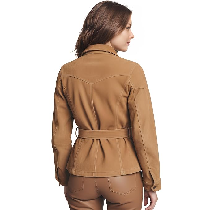 Urbanwolf women's camel tan genuine soft suede real leather safari jacket featuring a fold-over collar, snap-button front closure, four buttoned flap patch pockets, matching adjustable suede belt with metal buckle, long fitted sleeves, and custom made-to-measure fitting across the UK, USA, and Australia.