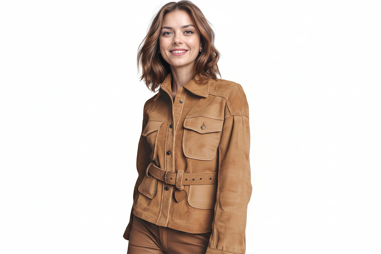 Urbanwolf women's camel tan genuine soft suede real leather safari jacket featuring a fold-over collar, snap-button front closure, four buttoned flap patch pockets, matching adjustable suede belt with metal buckle, long fitted sleeves, and custom made-to-measure fitting across the UK, USA, and Australia.