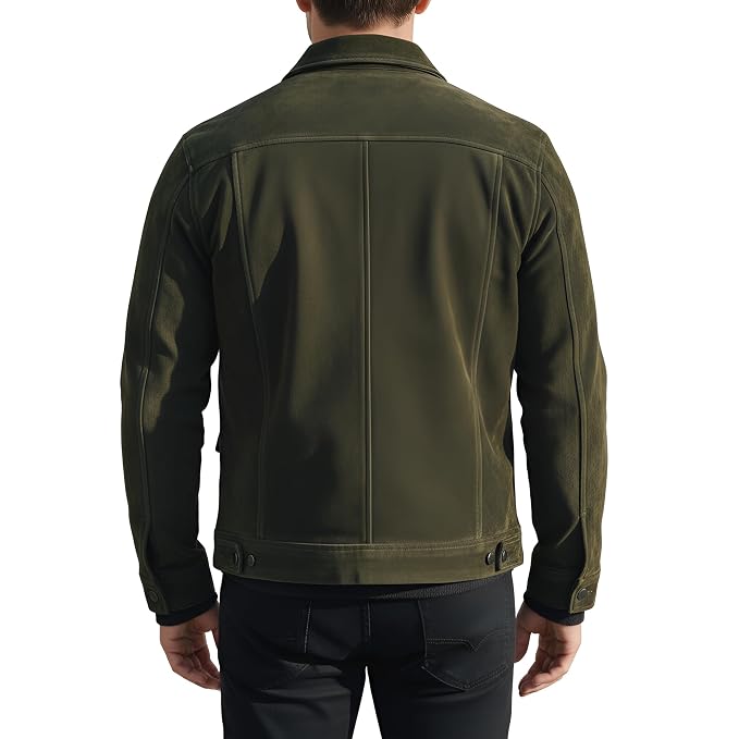 Back view of a man wearing the dark green Vantage Hide Grand Luxe Suede Moto Jacket featuring dual chest flap pockets and a shirt collar.