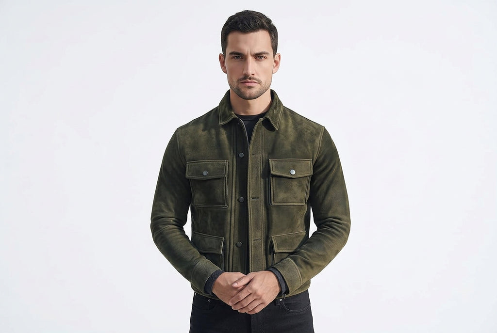 Front view of a man wearing the dark green Vantage Hide Grand Luxe Suede Moto Jacket featuring dual chest flap pockets and a shirt collar.