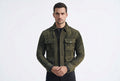 Front view of a man wearing the dark green Vantage Hide Grand Luxe Suede Moto Jacket featuring dual chest flap pockets and a shirt collar.