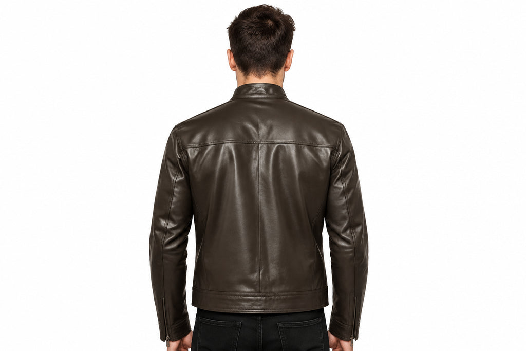 Back view of a man wearing the brown Vector Stand-Collar Biker Jacket featuring a stand collar and chest pocket.