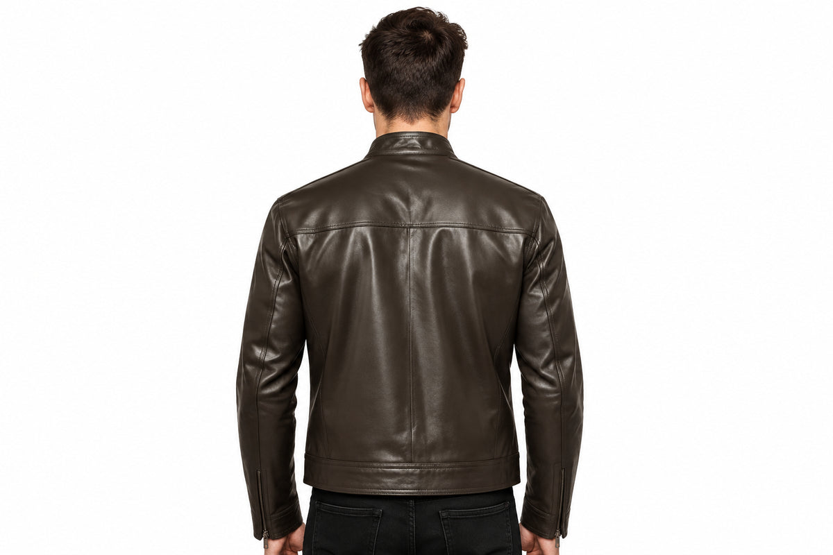 Back view of a man wearing the brown Vector Stand-Collar Biker Jacket featuring a stand collar and chest pocket.