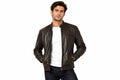 Front view of a man wearing the brown Vector Stand-Collar Biker Jacket featuring a stand collar and chest pocket.