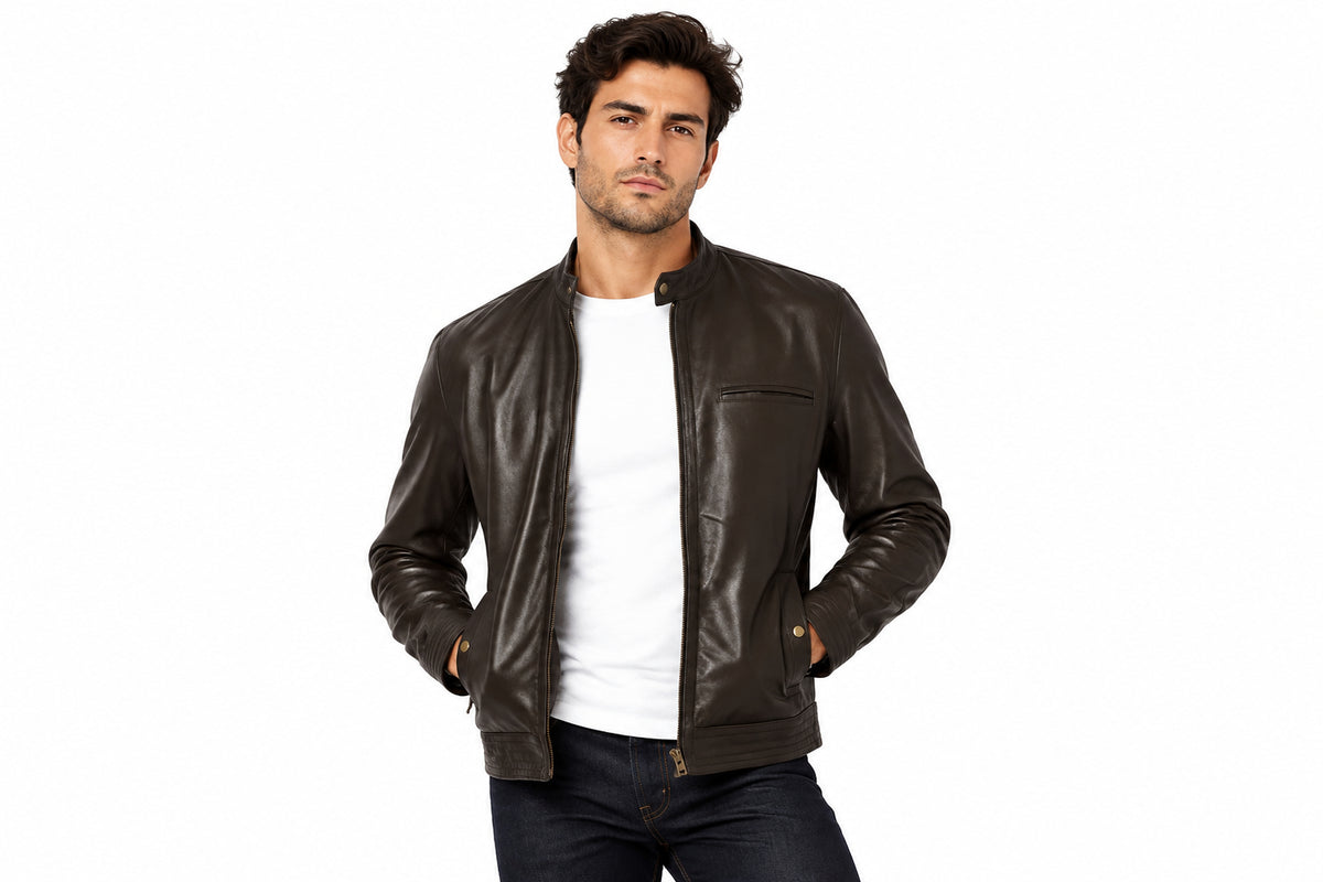 Front view of a man wearing the brown Vector Stand-Collar Biker Jacket featuring a stand collar and chest pocket.