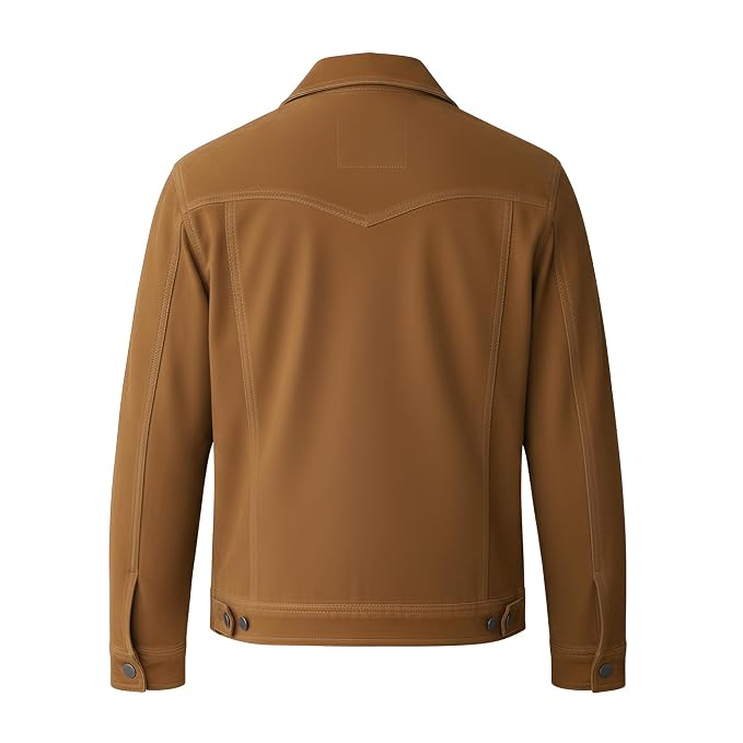 Back view of the golden tan Velvet Craft Rugged Biker Mens Suede Leather Jacket featuring dual snap-flap chest pockets and a spread shirt collar