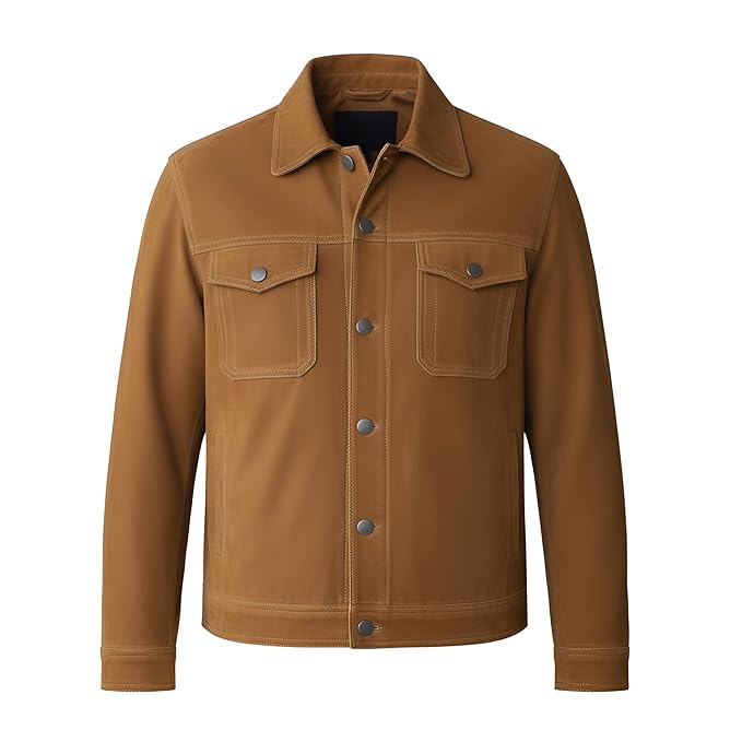 Front view of the golden tan Velvet Craft Rugged Biker Mens Suede Leather Jacket featuring dual snap-flap chest pockets and a spread shirt collar
