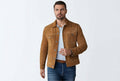 Side view of the golden tan Velvet Craft Rugged Biker Mens Suede Leather Jacket featuring dual snap-flap chest pockets and a spread shirt collar