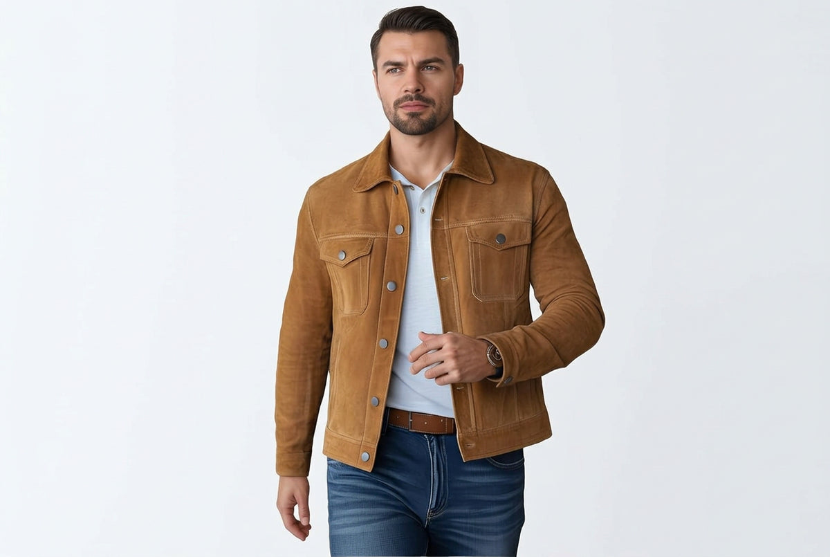 Side view of the golden tan Velvet Craft Rugged Biker Mens Suede Leather Jacket featuring dual snap-flap chest pockets and a spread shirt collar