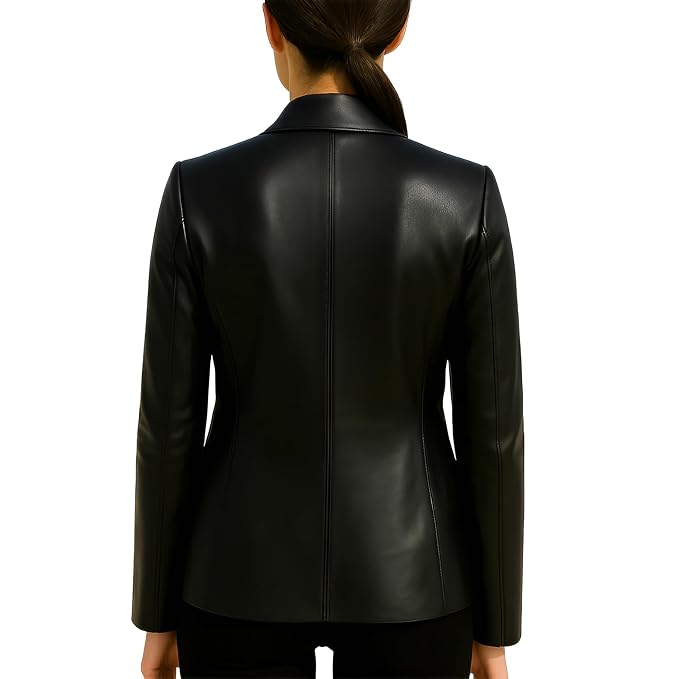 Velvet Crest women's jet black genuine lambskin leather vintage style blazer jacket featuring sharp notch lapel collar, two-button front closure, dual flap waist pockets, chest welt pocket, tailored waist-cinching fit, and custom made-to-measure fitting across the UK, USA, and Australia.back