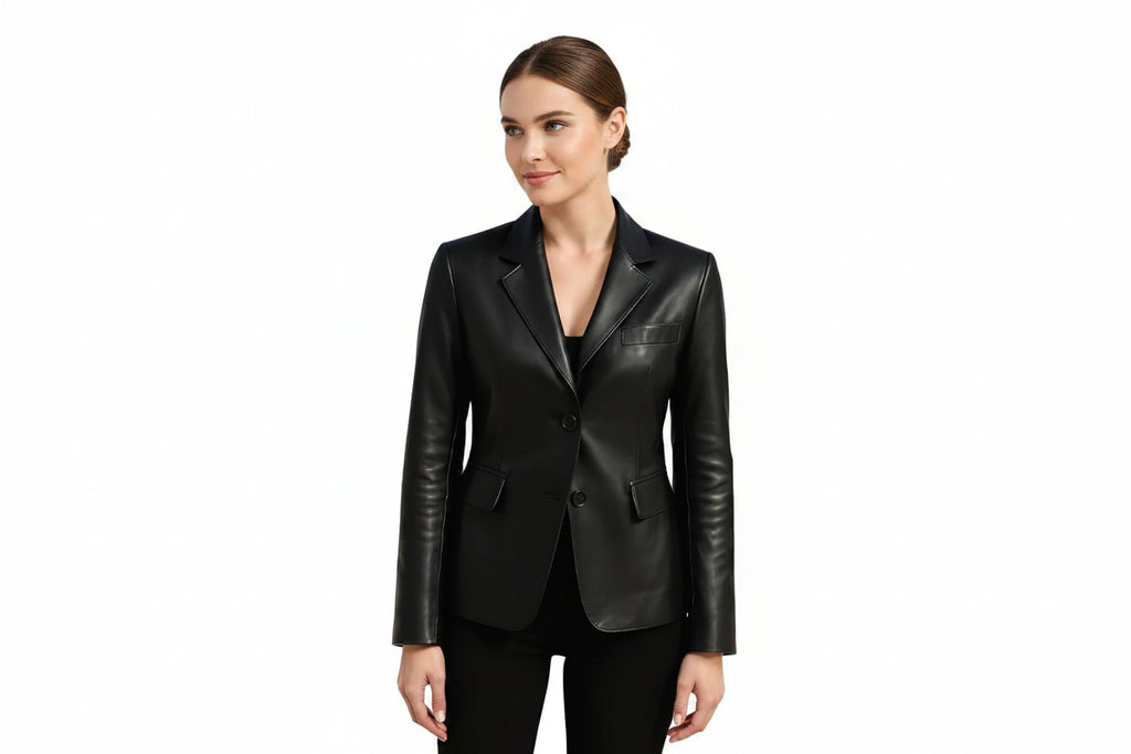 Velvet Crest women's jet black genuine lambskin leather vintage style blazer jacket featuring sharp notch lapel collar, two-button front closure, dual flap waist pockets, chest welt pocket, tailored waist-cinching fit, and custom made-to-measure fitting across the UK, USA, and Australia.