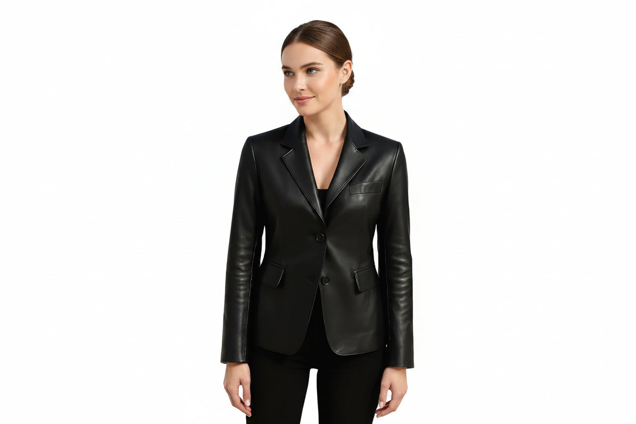Velvet Crest women's jet black genuine lambskin leather vintage style blazer jacket featuring sharp notch lapel collar, two-button front closure, dual flap waist pockets, chest welt pocket, tailored waist-cinching fit, and custom made-to-measure fitting across the UK, USA, and Australia.