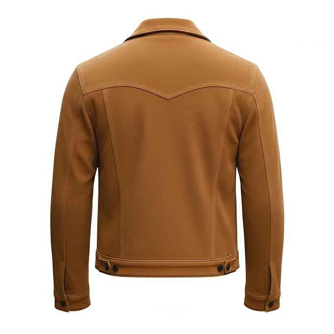 Back view of the warm tan Velvet Edge Tan Biker Mens Suede Leather Jacket featuring dual flap chest pockets and contrast dark buttons.
