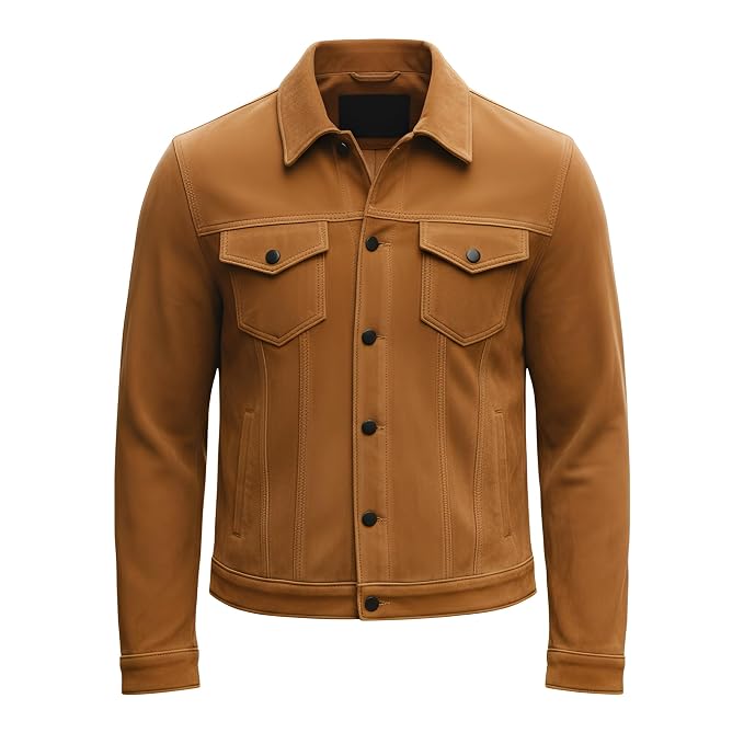 Front view of the warm tan Velvet Edge Tan Biker Mens Suede Leather Jacket featuring dual flap chest pockets and contrast dark buttons.