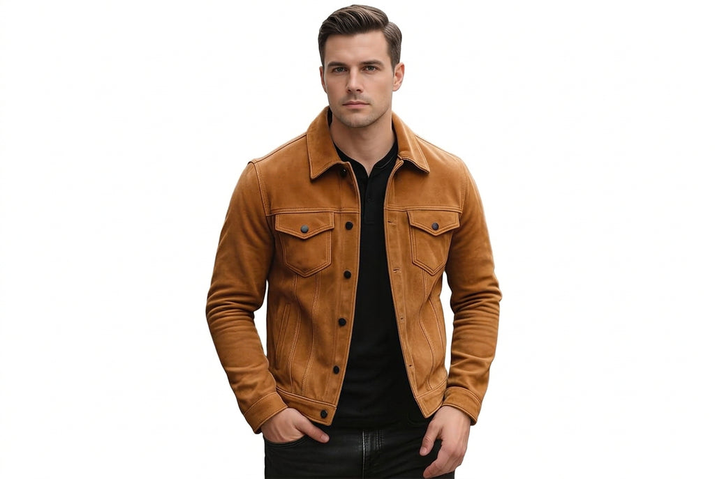 Side view of the warm tan Velvet Edge Tan Biker Mens Suede Leather Jacket featuring dual flap chest pockets and contrast dark buttons.
