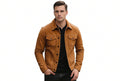 Side view of the warm tan Velvet Edge Tan Biker Mens Suede Leather Jacket featuring dual flap chest pockets and contrast dark buttons.