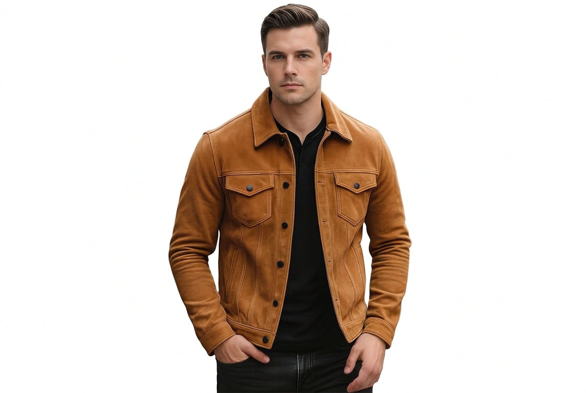 Side view of the warm tan Velvet Edge Tan Biker Mens Suede Leather Jacket featuring dual flap chest pockets and contrast dark buttons.