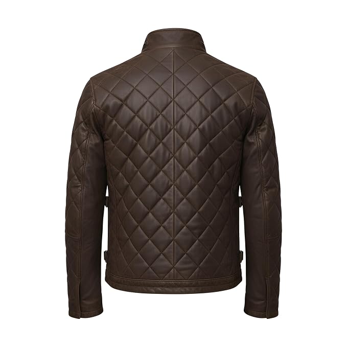 Back view of the espresso brown Velvet Hide Matte Finish Suede Leather Jacket featuring diamond quilted stitching and a stand snap collar.