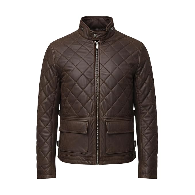 Front view of the espresso brown Velvet Hide Matte Finish Suede Leather Jacket featuring diamond quilted stitching and a stand snap collar.