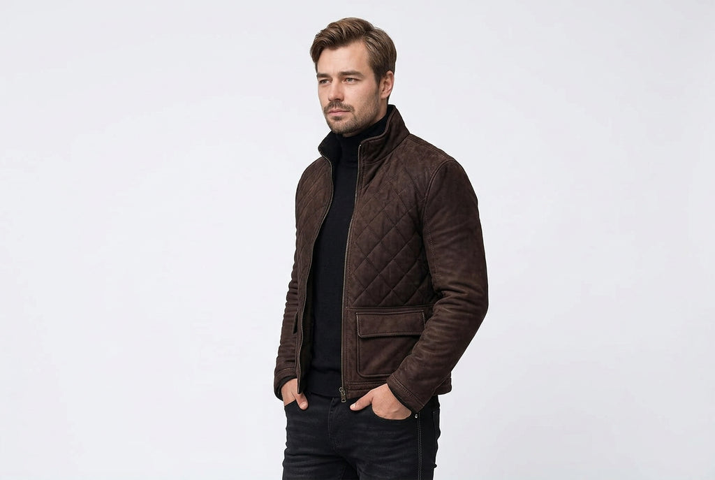 Side view of the espresso brown Velvet Hide Matte Finish Suede Leather Jacket featuring diamond quilted stitching and a stand snap collar.