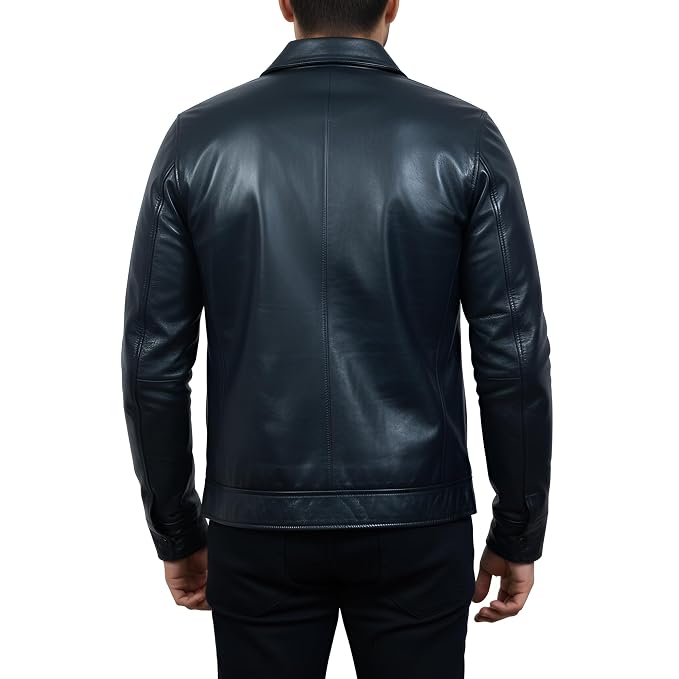 Back view of a man wearing the dark navy Venom Blaze Iconic Biker Leather Jacket featuring a spread shirt collar and full zip closure.
