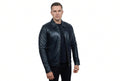 Front view of a man wearing the dark navy Venom Blaze Iconic Biker Leather Jacket featuring a spread shirt collar and full zip closure.