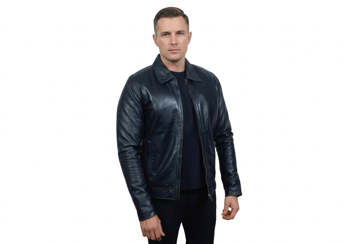 Front view of a man wearing the dark navy Venom Blaze Iconic Biker Leather Jacket featuring a spread shirt collar and full zip closure.