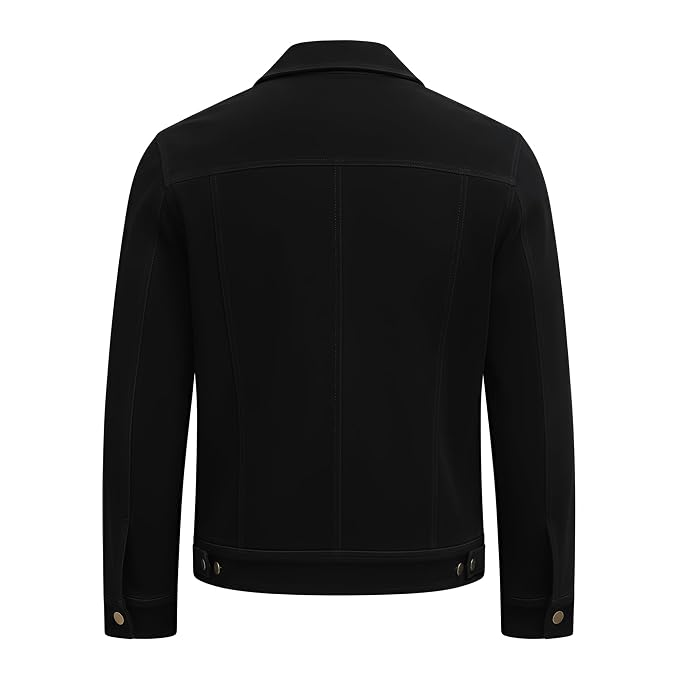 Back view of the black Venom Edge Premium Suede Leather Jacket featuring a spread shirt collar, zip front, and snap-flap chest pockets.