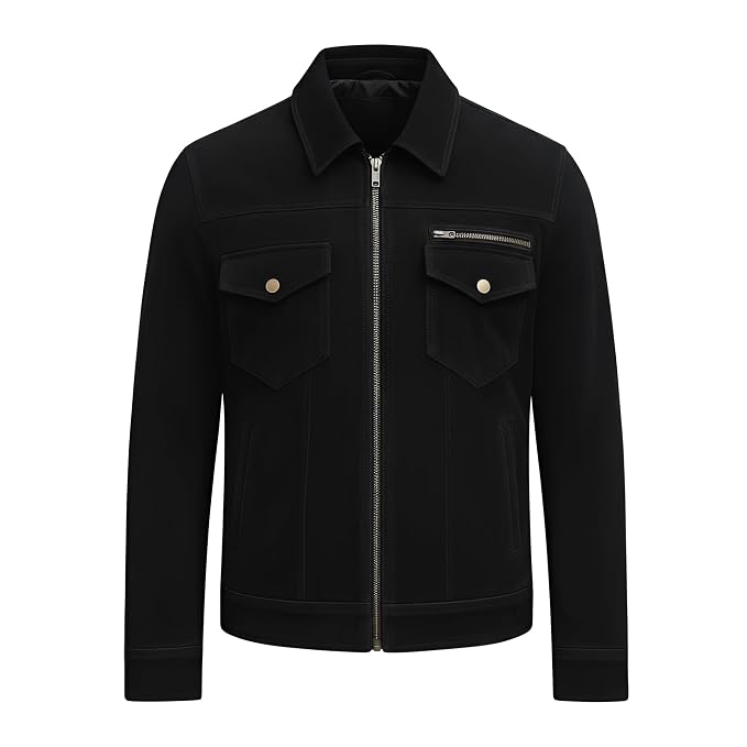 Front view of the black Venom Edge Premium Suede Leather Jacket featuring a spread shirt collar, zip front, and snap-flap chest pockets.