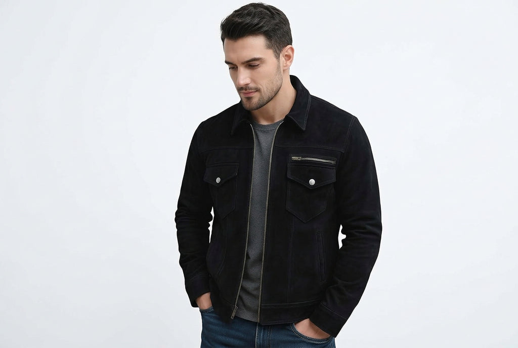 Side view of the black Venom Edge Premium Suede Leather Jacket featuring a spread shirt collar, zip front, and snap-flap chest pockets.