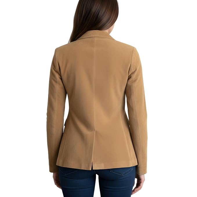 Venom Muse women's golden tan genuine suede leather classic trench coat featuring elongated notch lapels, two-button front closure, dual waist flap pockets, chest welt pocket, tailored waist-cinching fit, and custom made-to-measure fitting across the UK, USA, and Australia.back