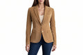 Venom Muse women's golden tan genuine suede leather classic trench coat featuring elongated notch lapels, two-button front closure, dual waist flap pockets, chest welt pocket, tailored waist-cinching fit, and custom made-to-measure fitting across the UK, USA, and Australia.